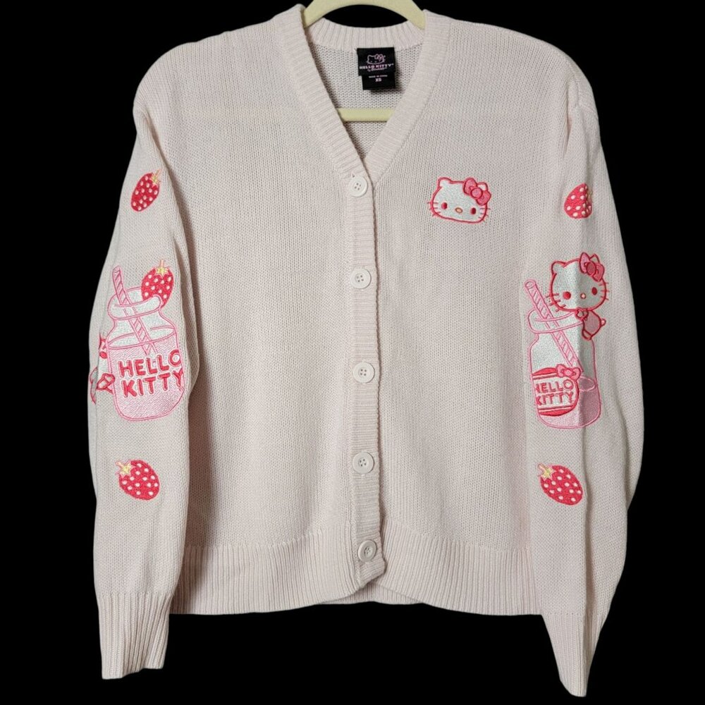 Hello Kitty Womens Pink Strawberry Milk Kawaii Coquette Knit Sanrio Cardigan XS